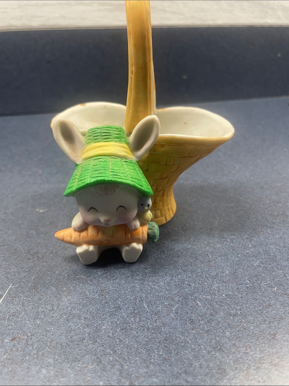Cute Green-Hat Bunny Figurine for Small Pets Decor enesco vtg